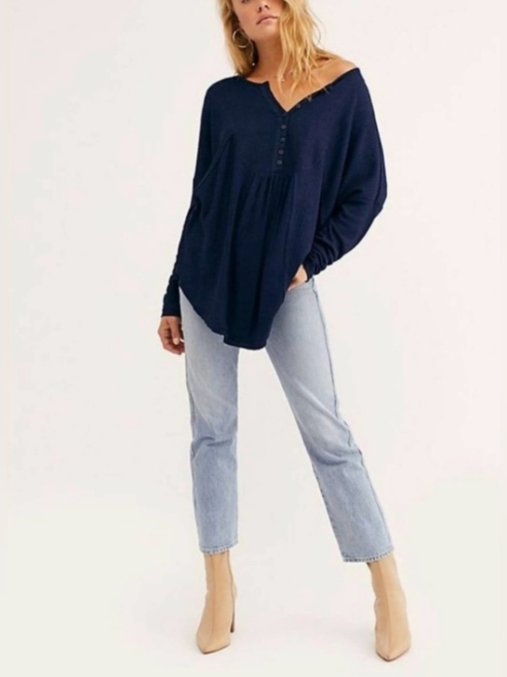 Free People Leo Henley Long Sleeve Top in Indigo